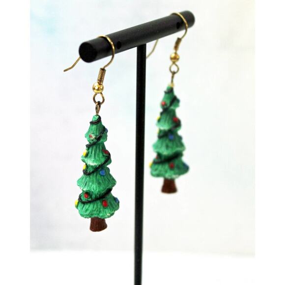 Green Polymer Christmas Tree Drop Earrings E112 - Picture 3 of 3